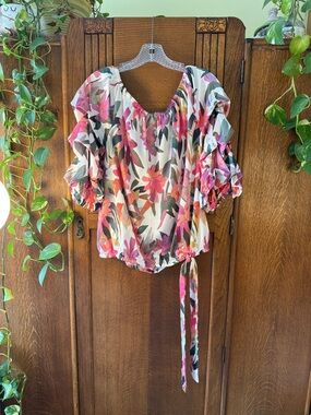 Vince Camino Floral Tie-Hem Peasant Blouse - Pink Multi L